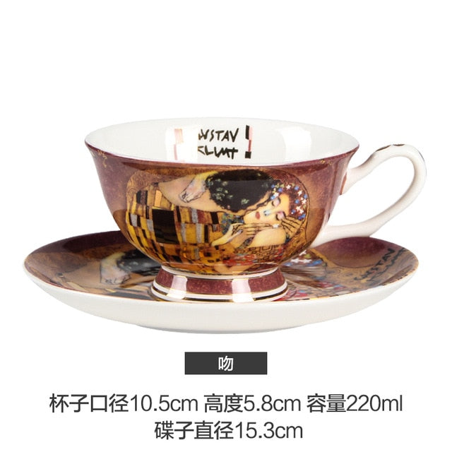 Gustav Klimt Art European Bone China Coffee or Tea Cup with Saucer and Spoon - Smoky Mountain Fresh Roast Coffee