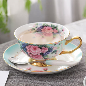 YeFine Flowers Bone China Coffee or Tea Cup With Saucer and Spoon - Smoky Mountain Fresh Roast Coffee