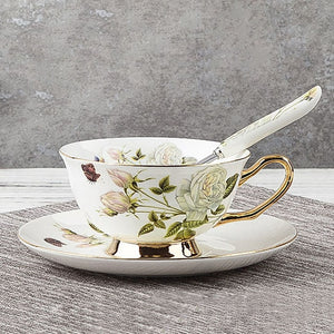 YeFine Flowers Bone China Coffee or Tea Cup With Saucer and Spoon - Smoky Mountain Fresh Roast Coffee