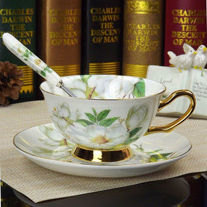 YeFine Flowers Bone China Coffee or Tea Cup With Saucer and Spoon - Smoky Mountain Fresh Roast Coffee